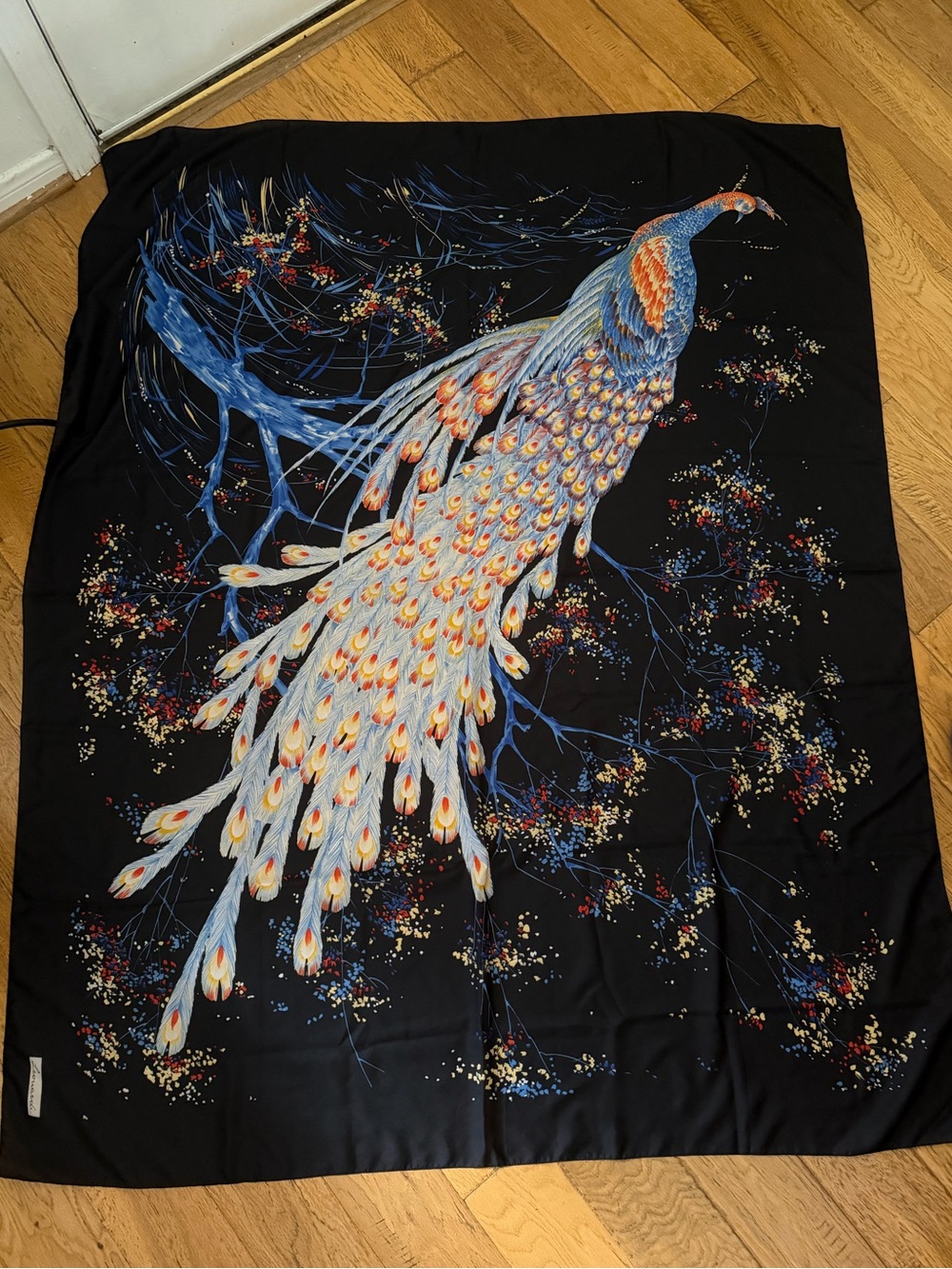 LEONARDI - Black Scarf with Detailed White & Blue Peacock Print